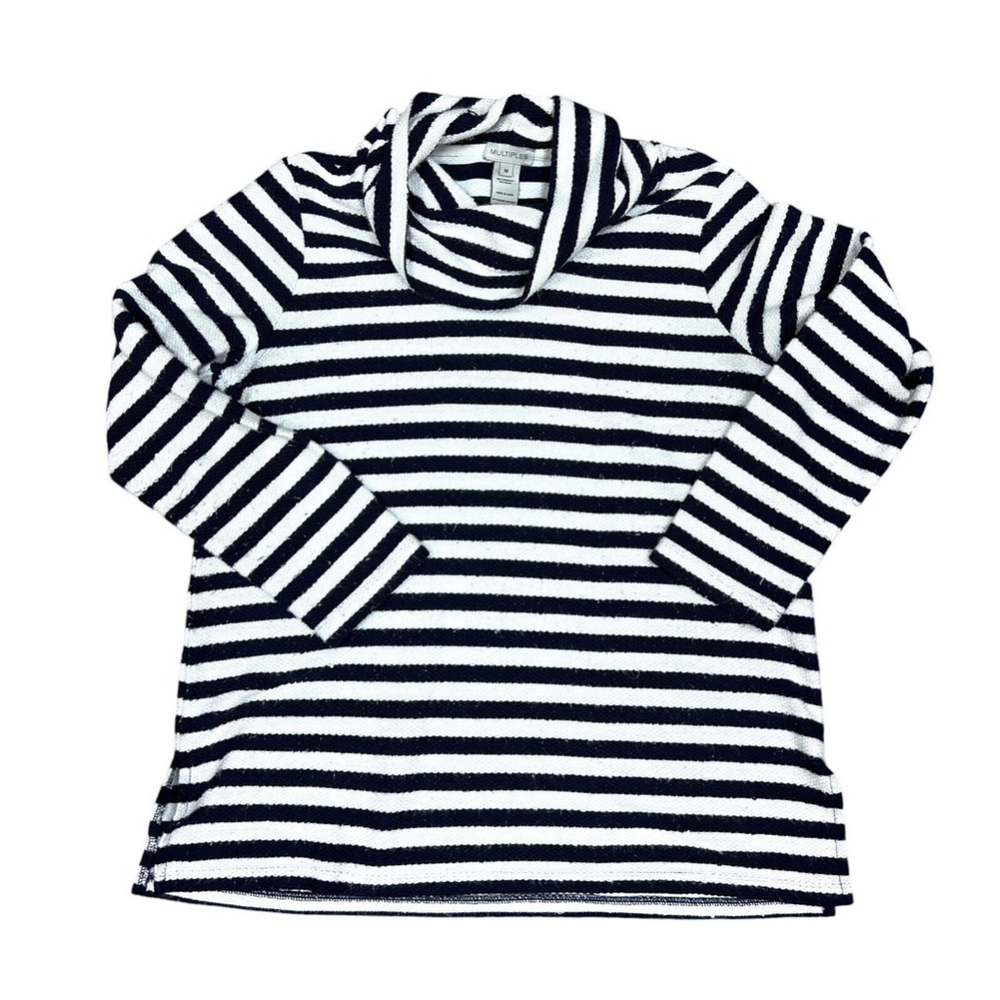 Multiples Navy White Stripe Sweater Size Medium Sequins Cowl Neck Nautical Tunic